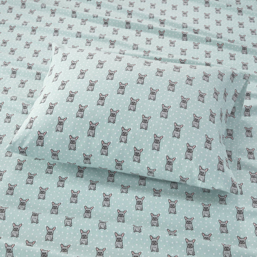 Cozy Flannel - Queen 100% Printed Sheet Set - Aqua French Bulldog