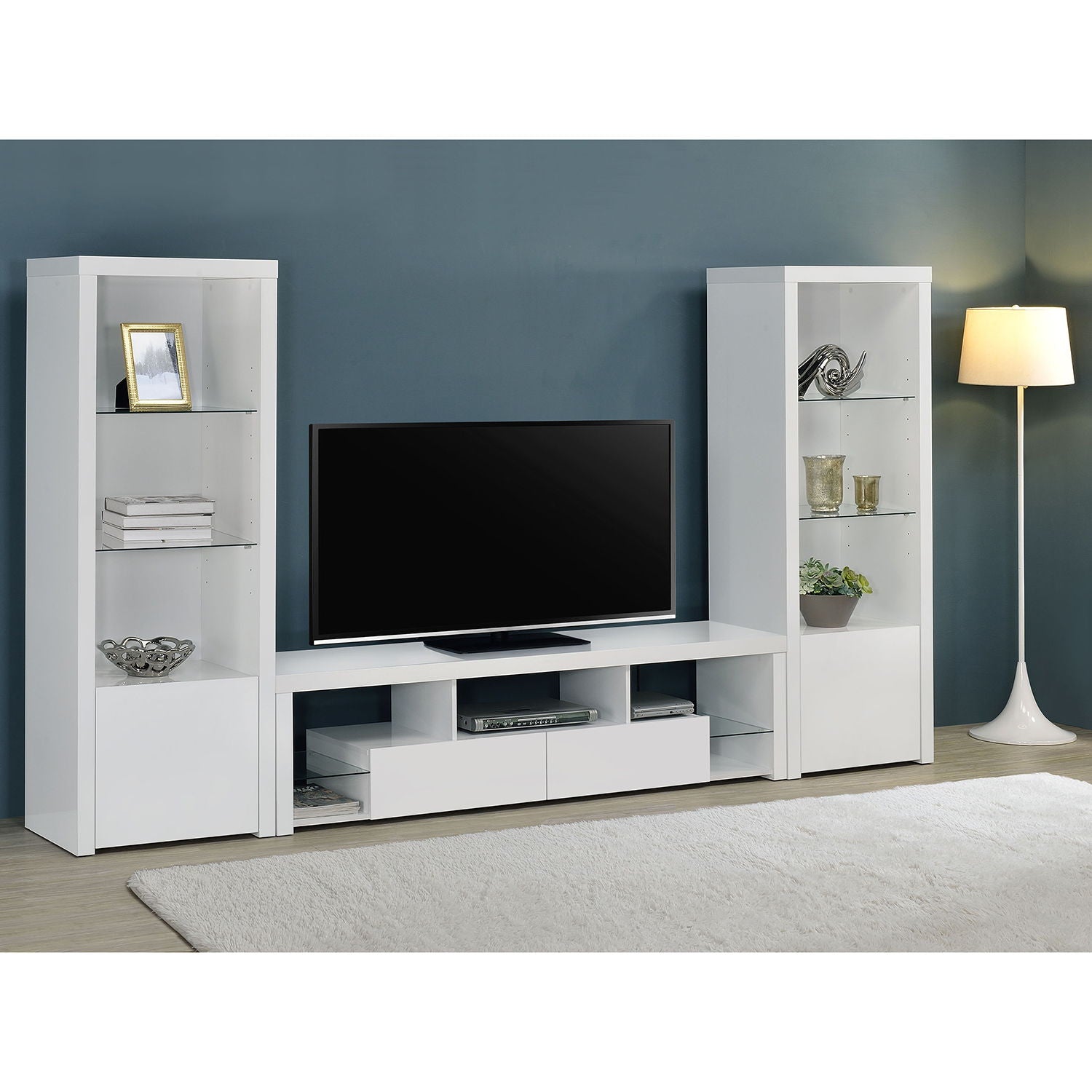Lance - 3 Piece TV Entertainment Center With Shelves - Gloss White