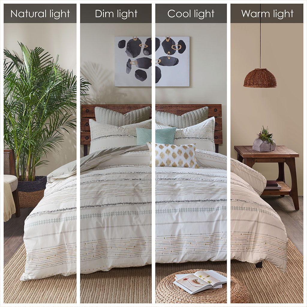 Nea - King Printed Comforter Set With Trims - Off White / Gray