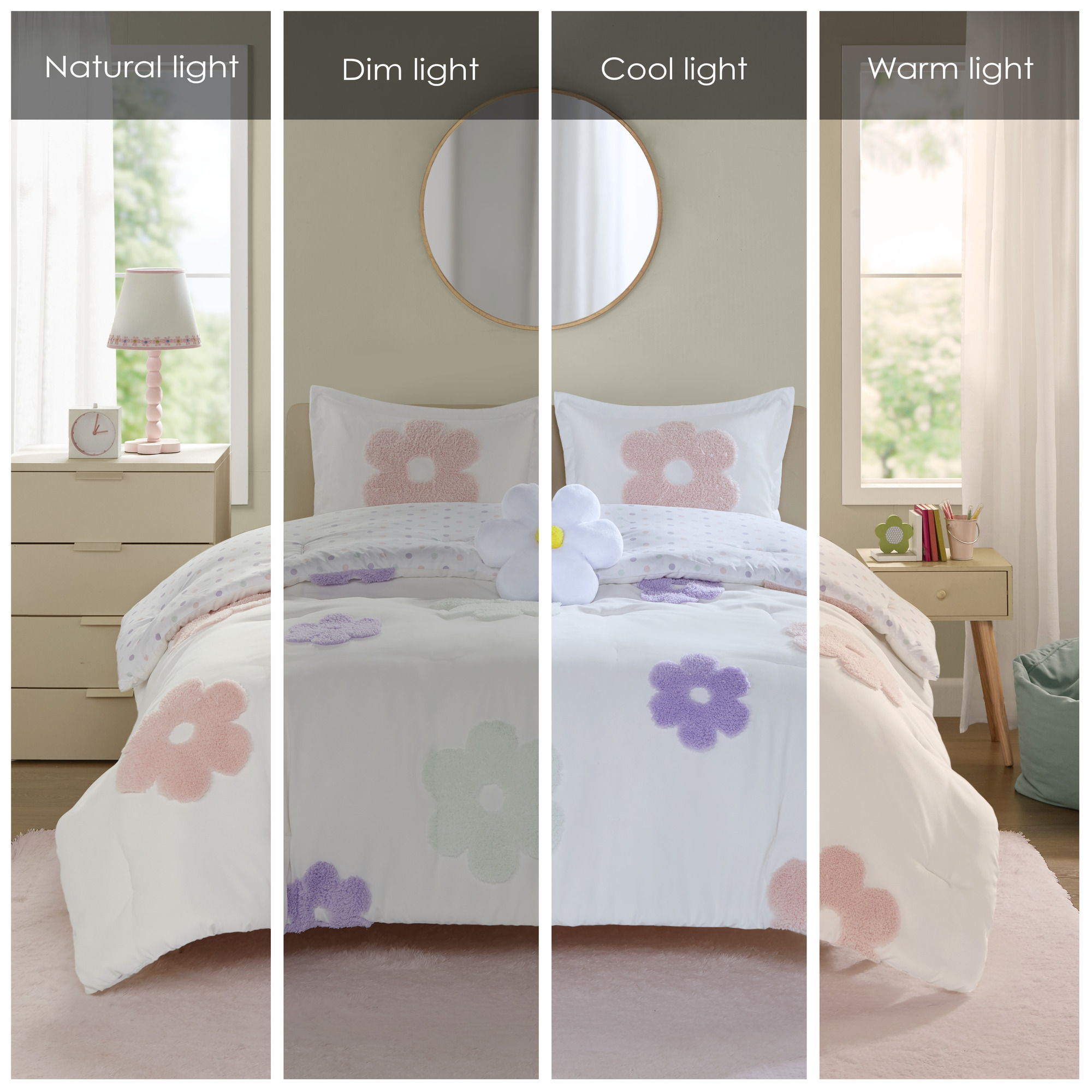 Gracie - Floral Reversible Tufted Chenille Comforter Set With Flower Throw Pillow - White / Purple