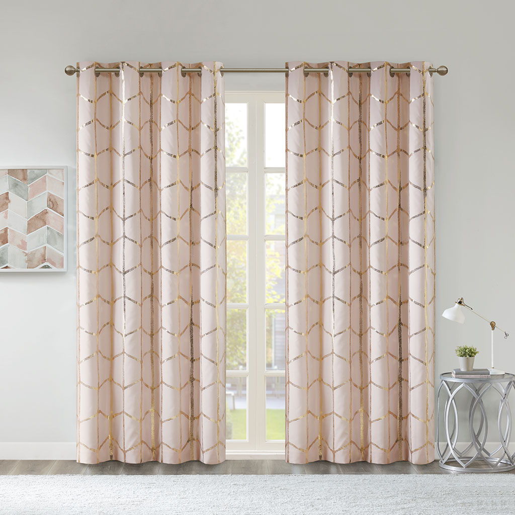 Raina - 63" Total Blackout Metallic Print Grommet Top Curtain Panel - Blush / Gold