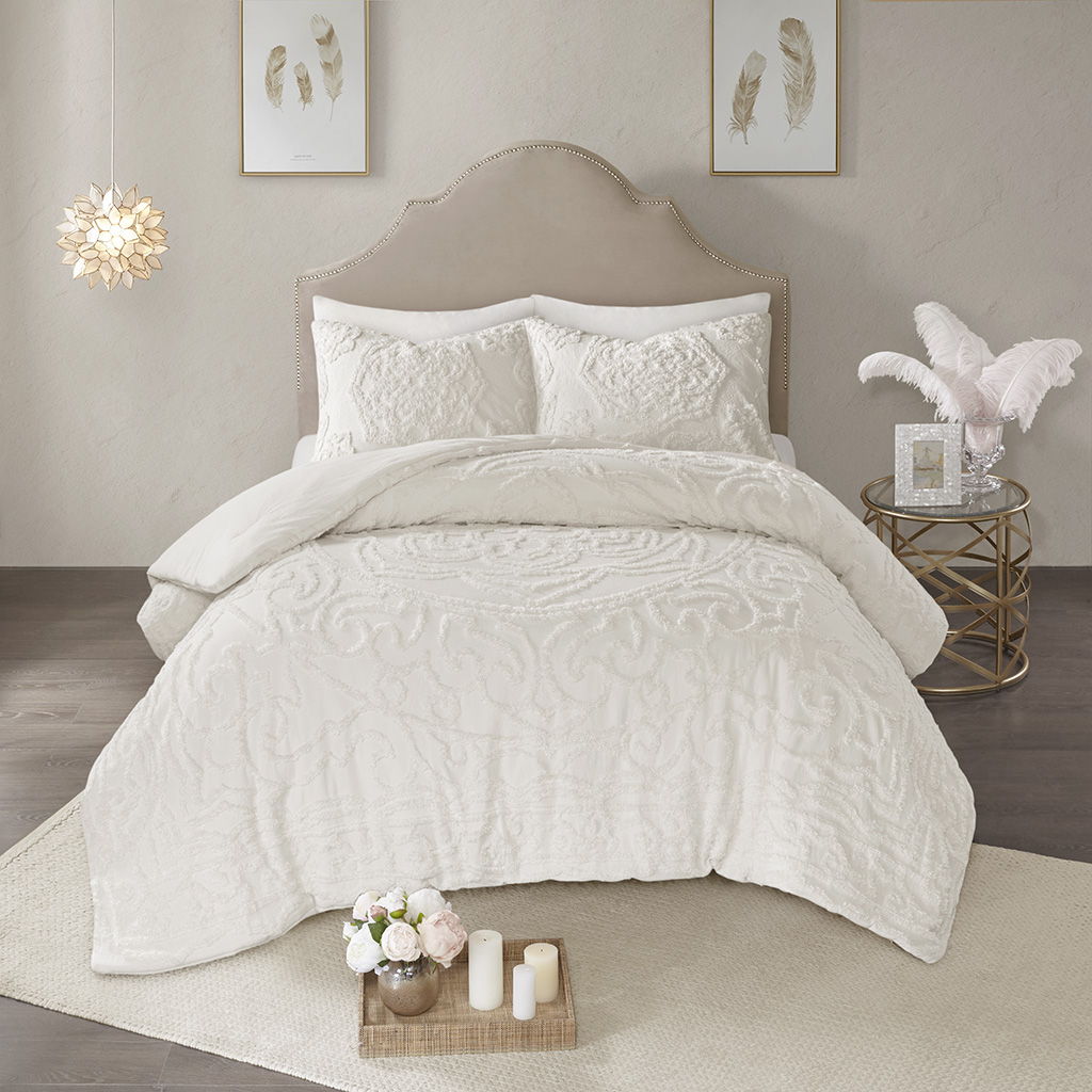 Laetitia - King 3 Piece Tufted Medallion Comforter Set - Off White