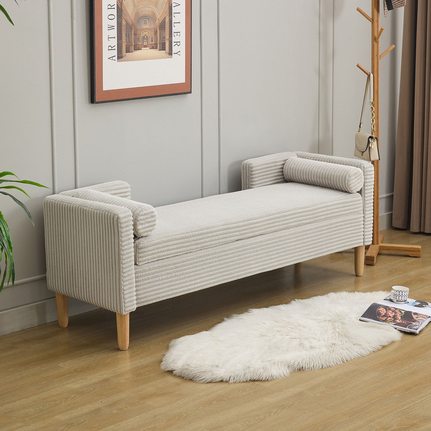 Wide Storage Soft Bench With Armrests, Backrest And Two Bolster Pillows
