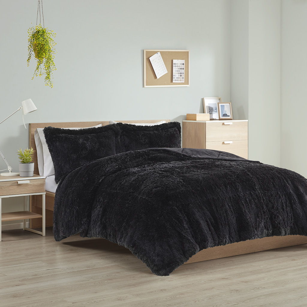 Malea - Twin Shaggy Long Comforter Mini Set - Black