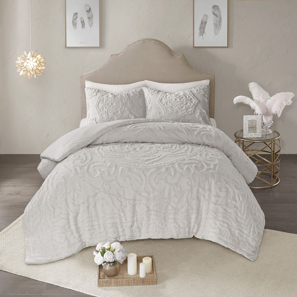 Laetitia - King 3 Piece Tufted Medallion Comforter Set - Gray