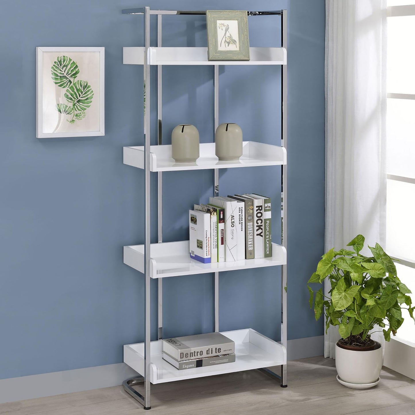 4 Shelf Open Back Bookcase With Accents - White