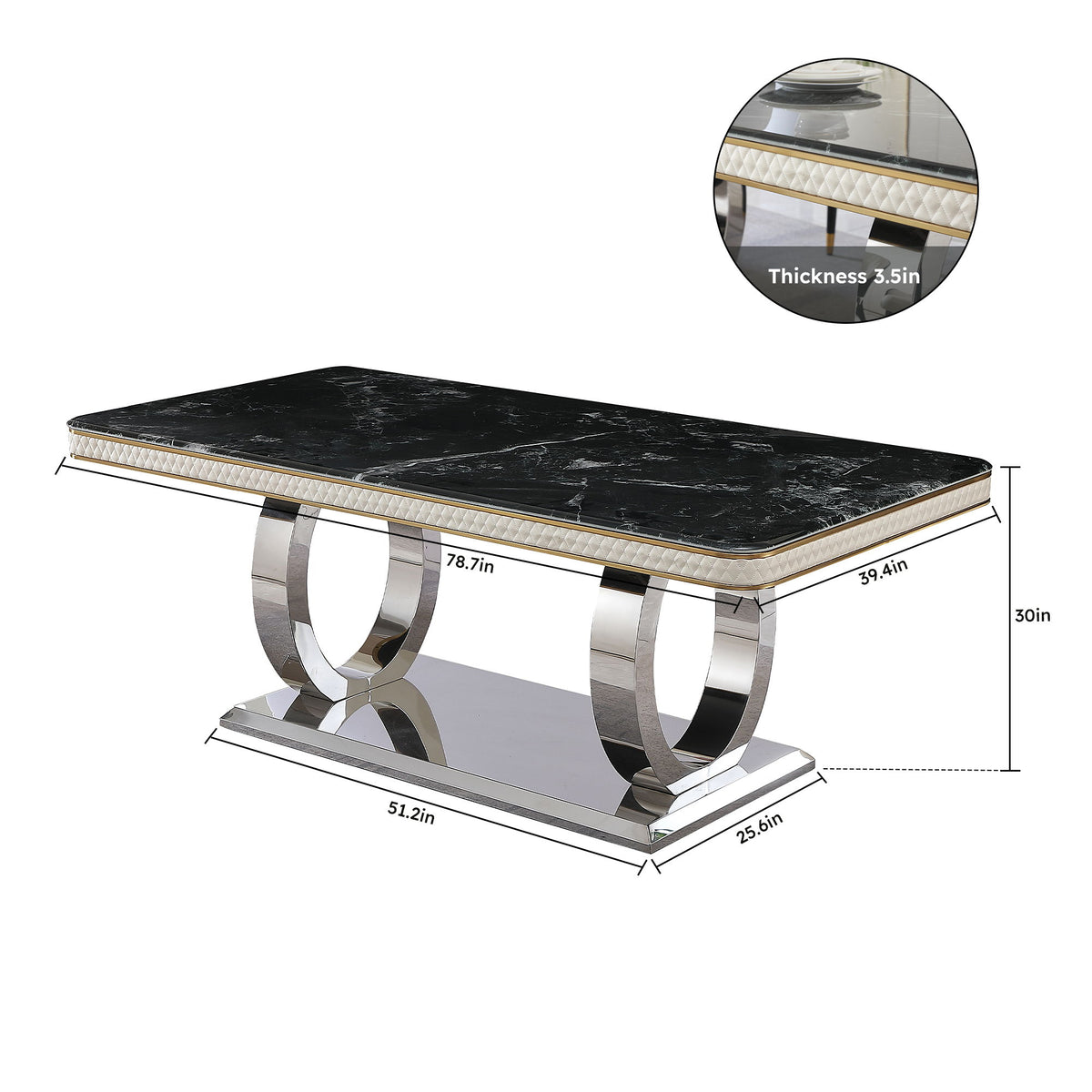 Luxury Modern Dining Table With 6 Chairs Marble Top Titanium Plated Base - Black