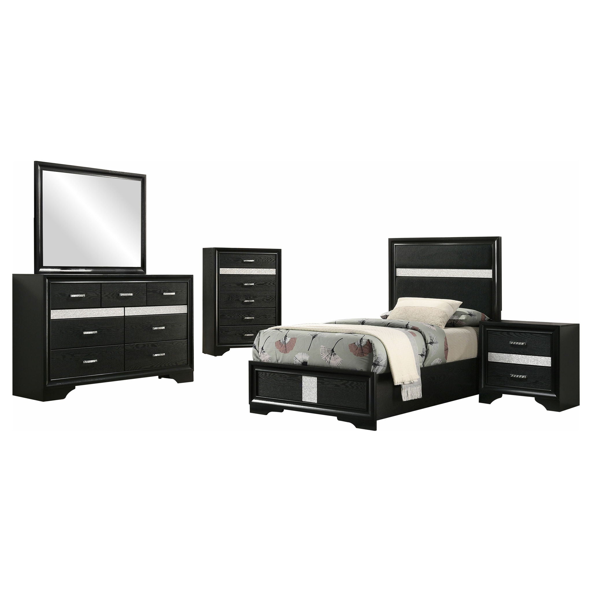 Modern Bedroom Set With Upholstered Headboard And Textured Storage