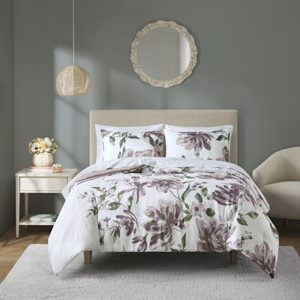Alice - California King Floral Comforter Set With Bed Sheets - Mauve