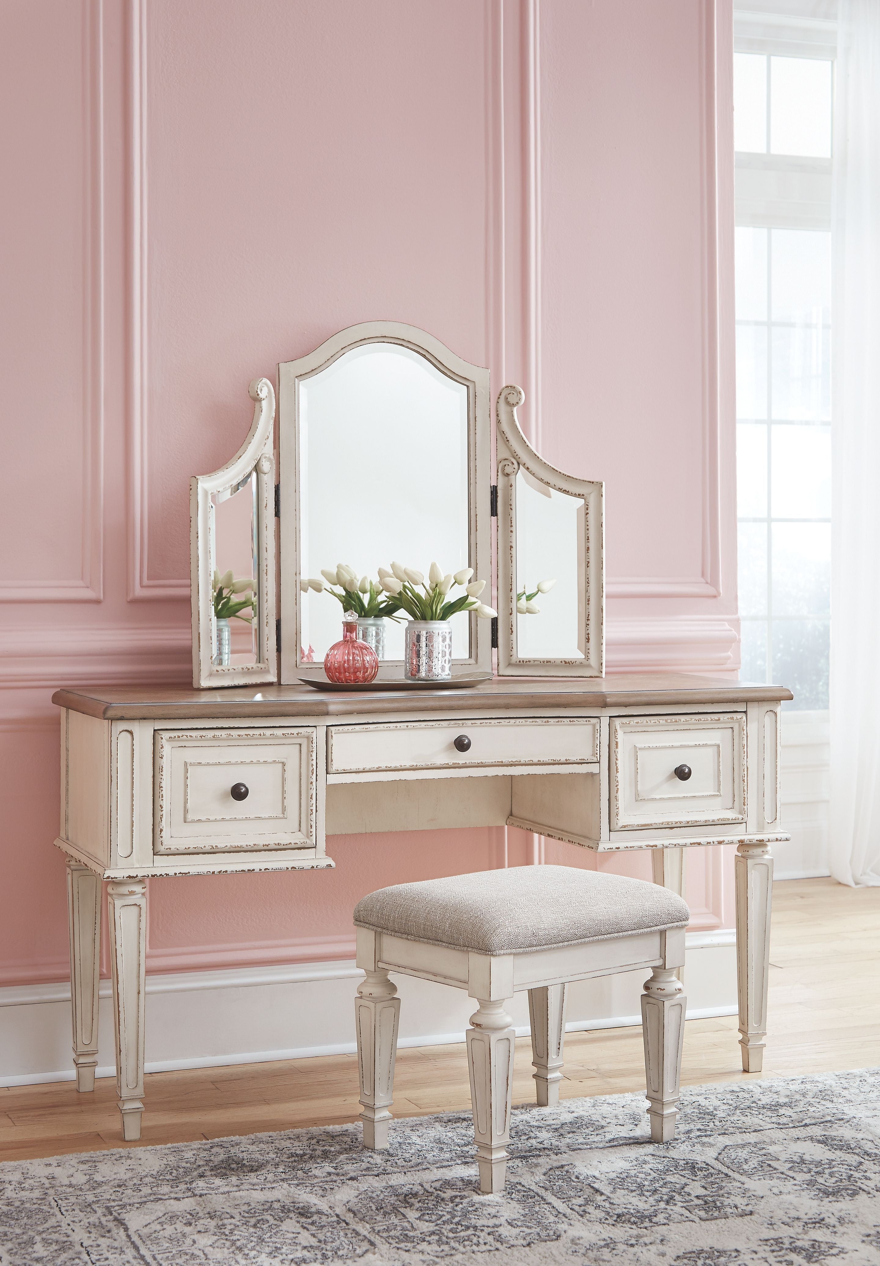 Realyn - Vanity/Mirror/Stool (Set of 3) - White / Brown / Beige