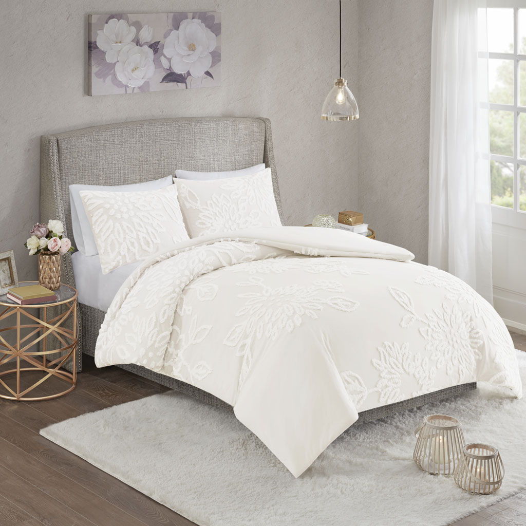 Veronica - King 3 Piece Tufted Floral Duvet Cover Set - Off White