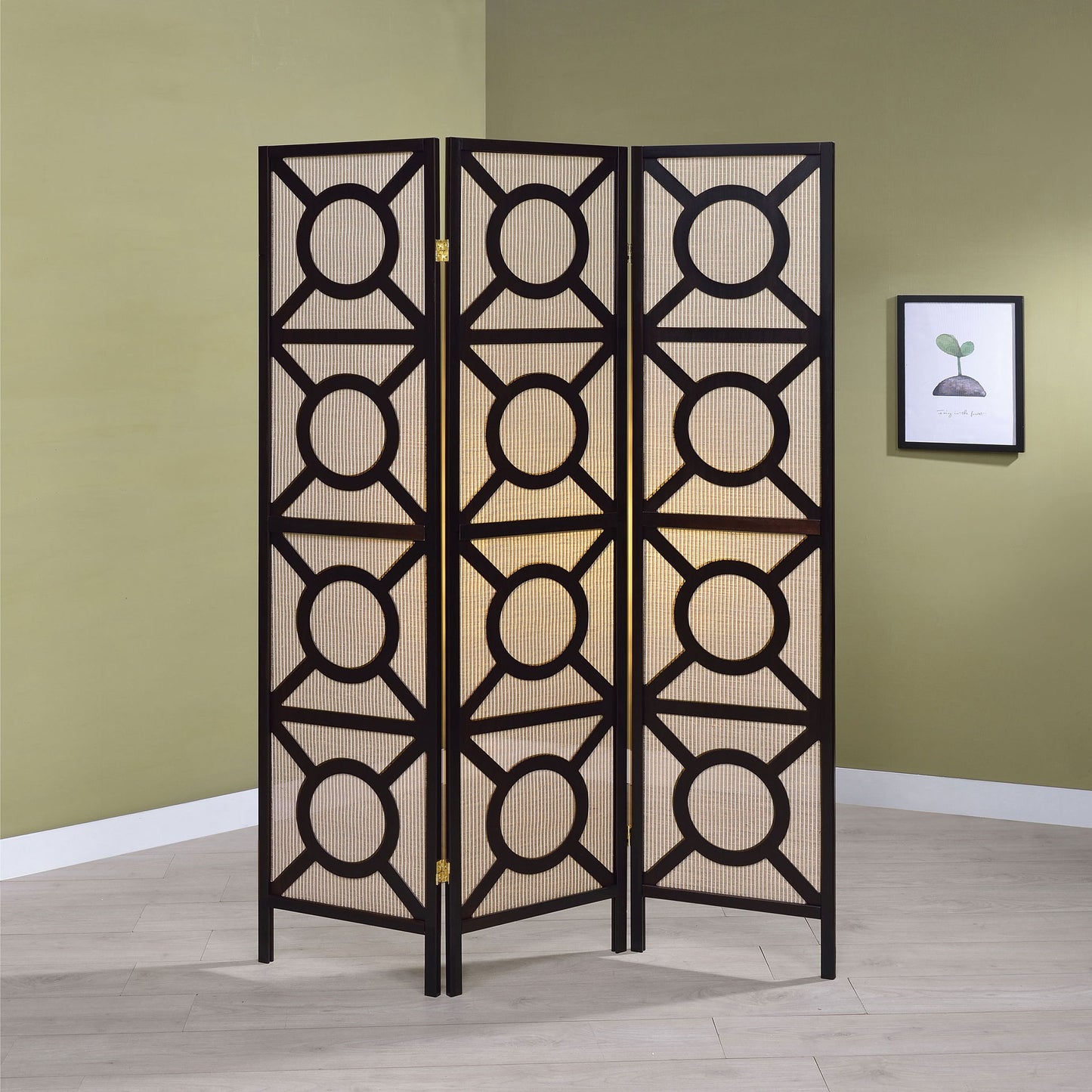 Circle Pattern 3 Panel Folding Screen - Brown