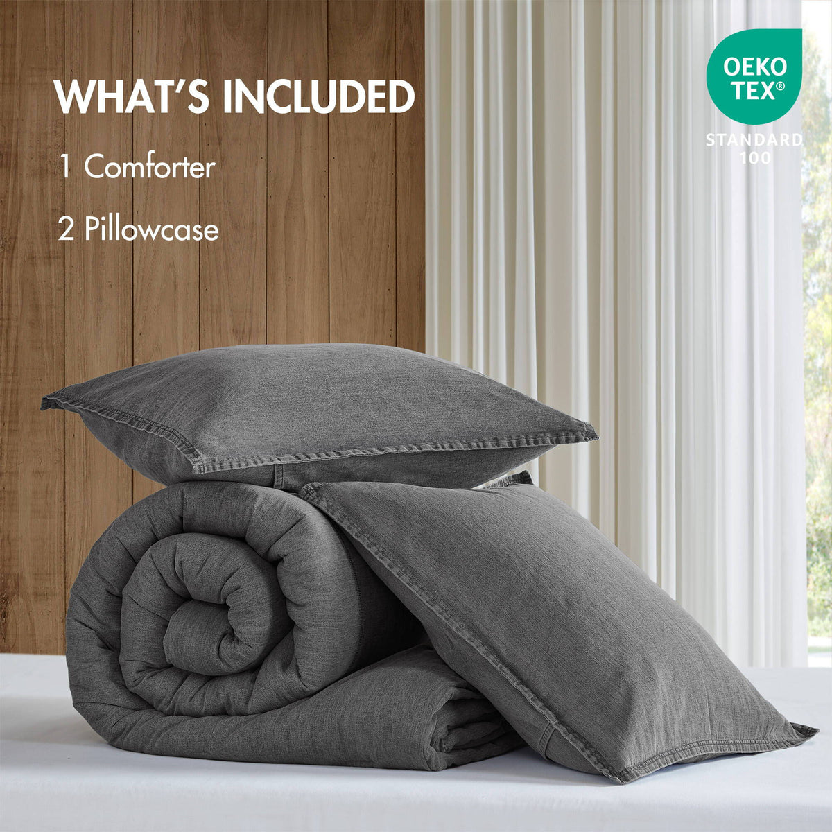 Mckenzie - 3 Piece King/California King Twill Washed Comforter Set - Gray