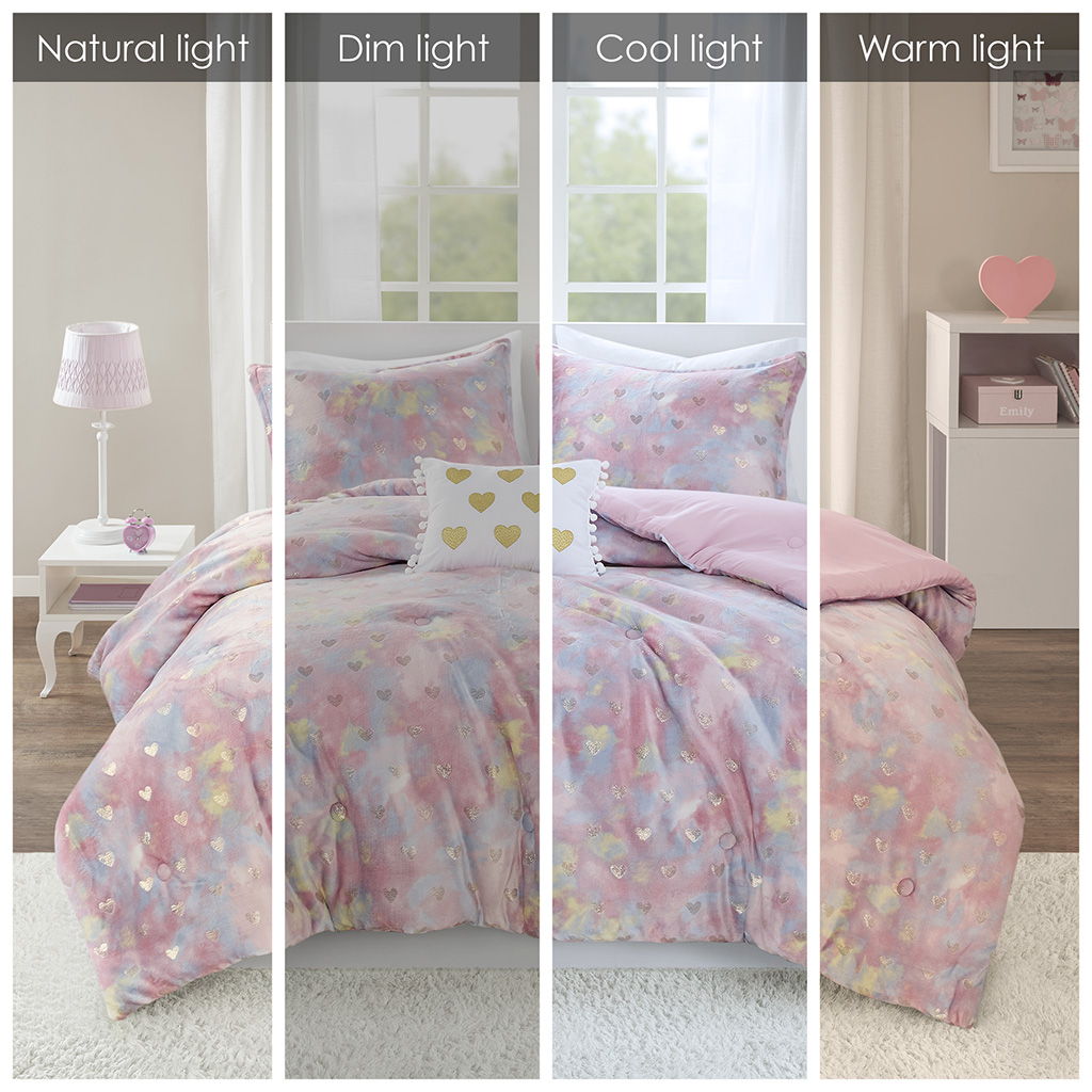 Rosalie - 3 Piece Twin/Twin Long Metallic Printed Plush Comforter Set With Throw Pillow - Pink Multi/Gold