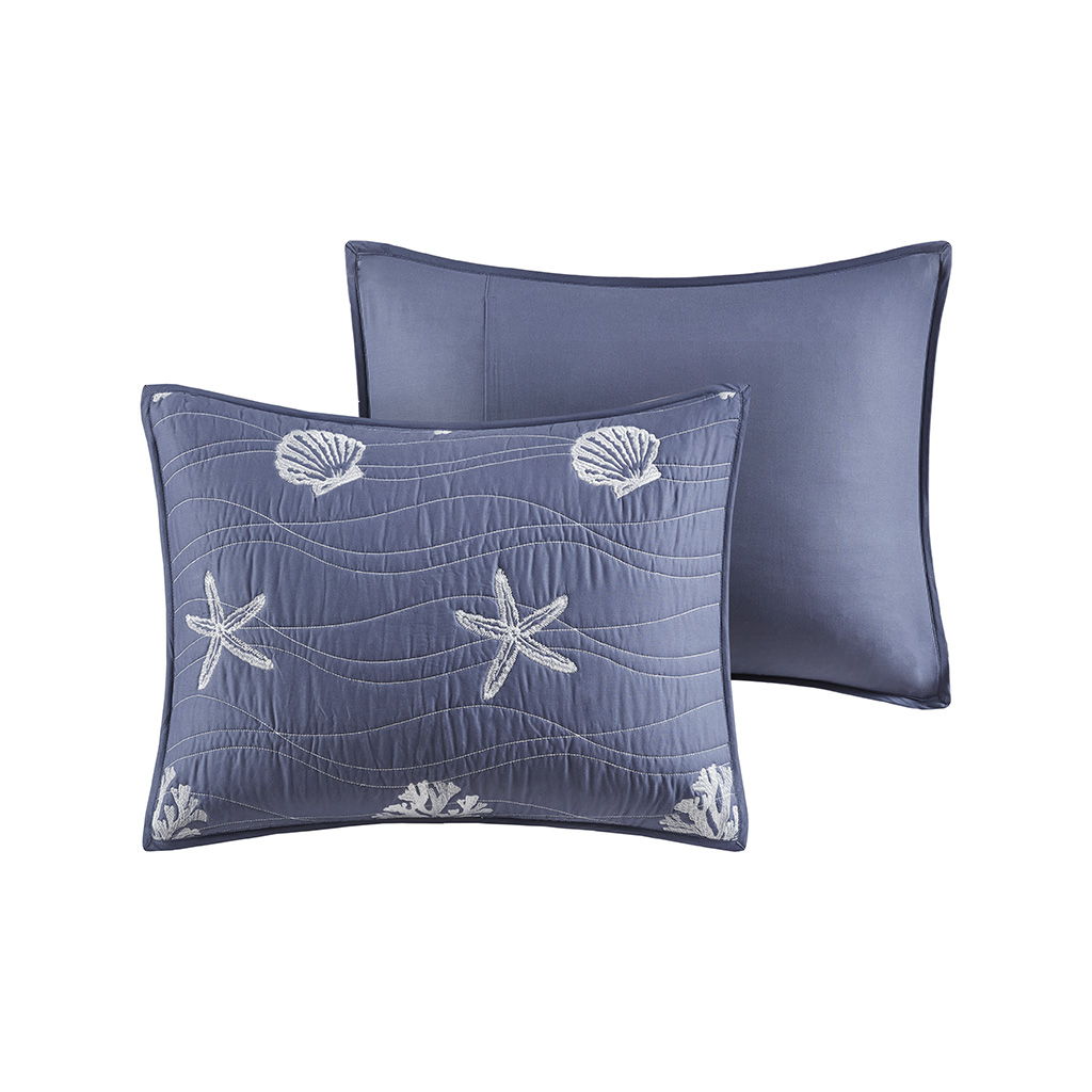 Seaside - 4 Piece King Cotton Reversible Embroidered Quilt Set With Throw Pillow - Navy