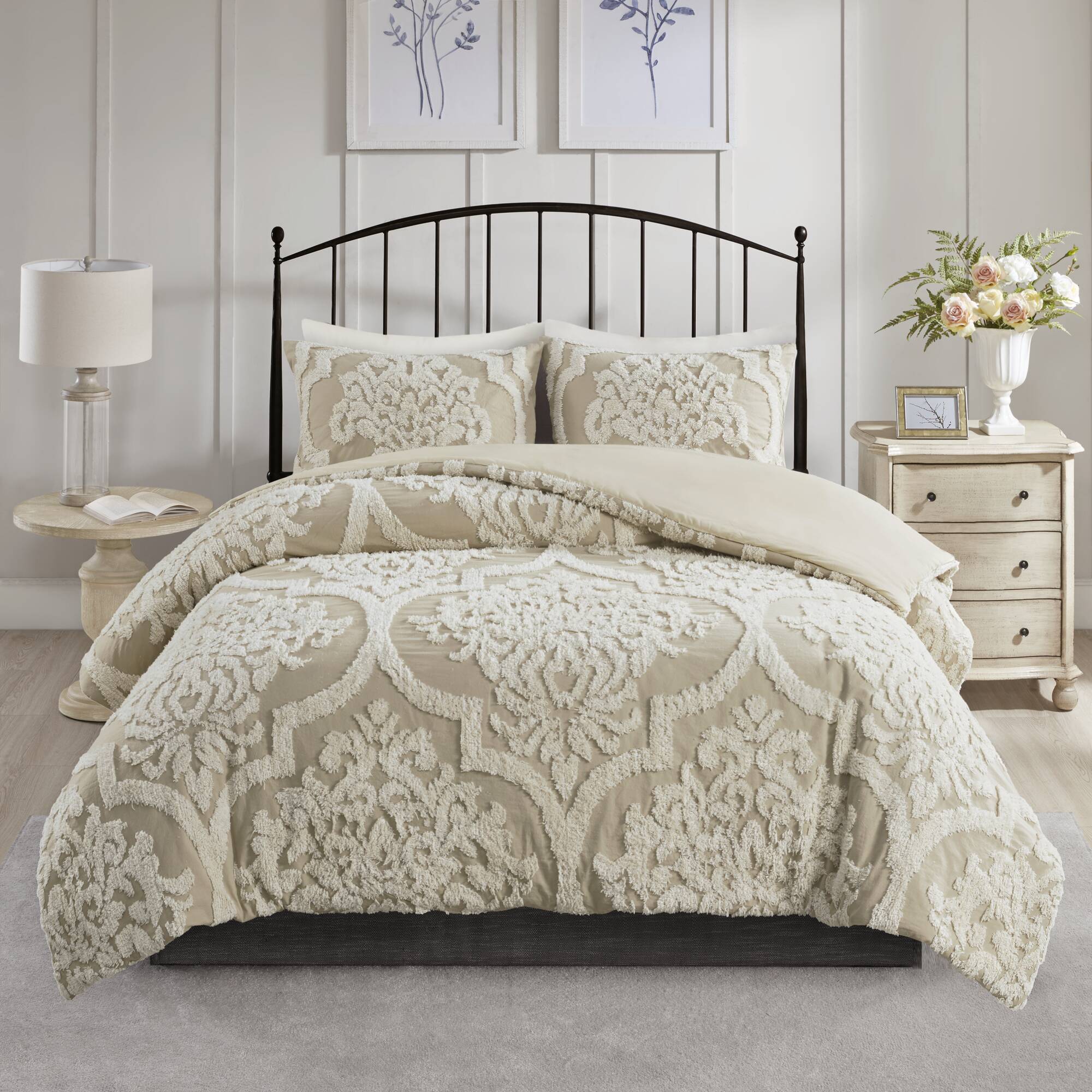 Viola - 3 Piece Tufted Damask Duvet Cover Set - Taupe
