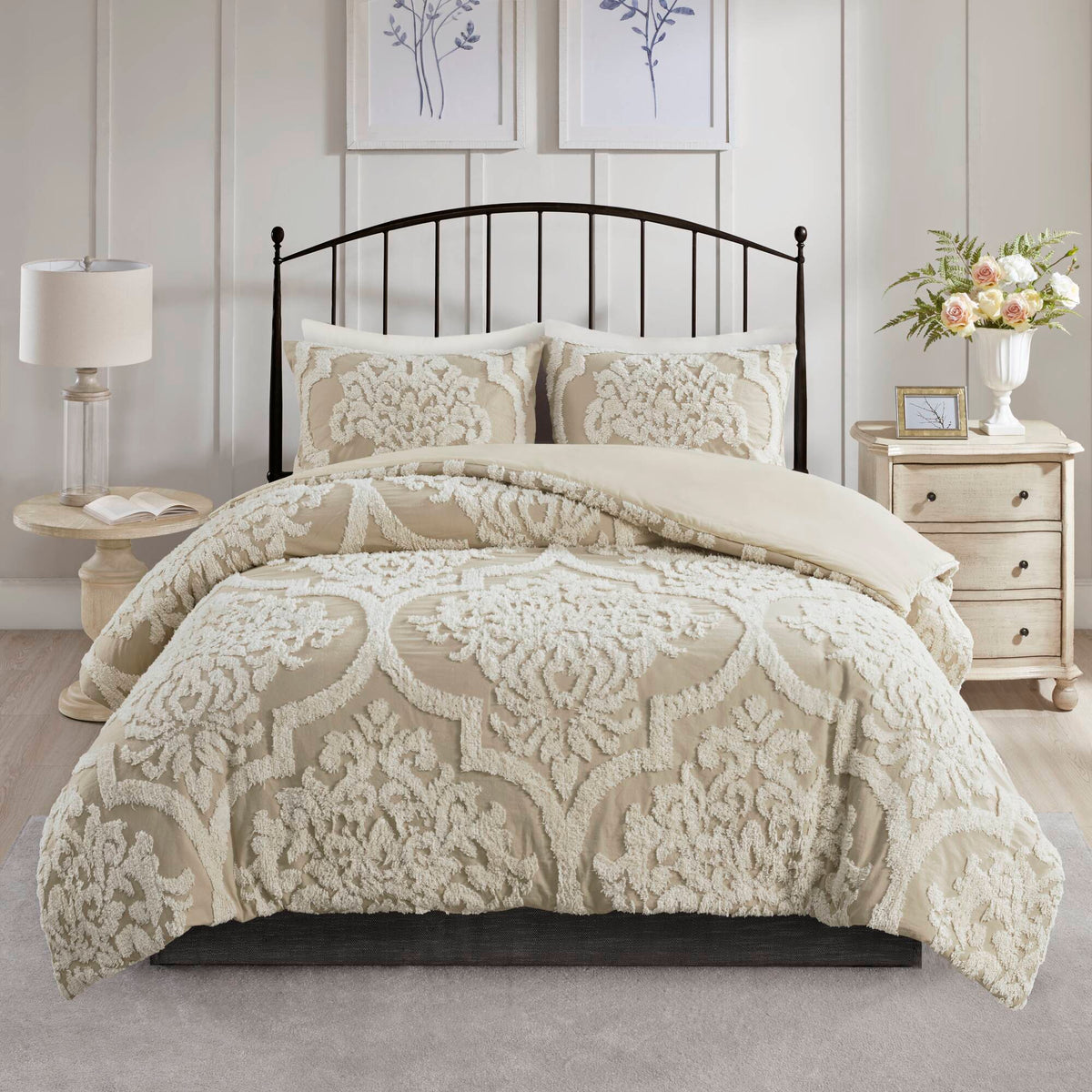 Viola - King 3 Piece Tufted Damask Duvet Cover Set - Taupe