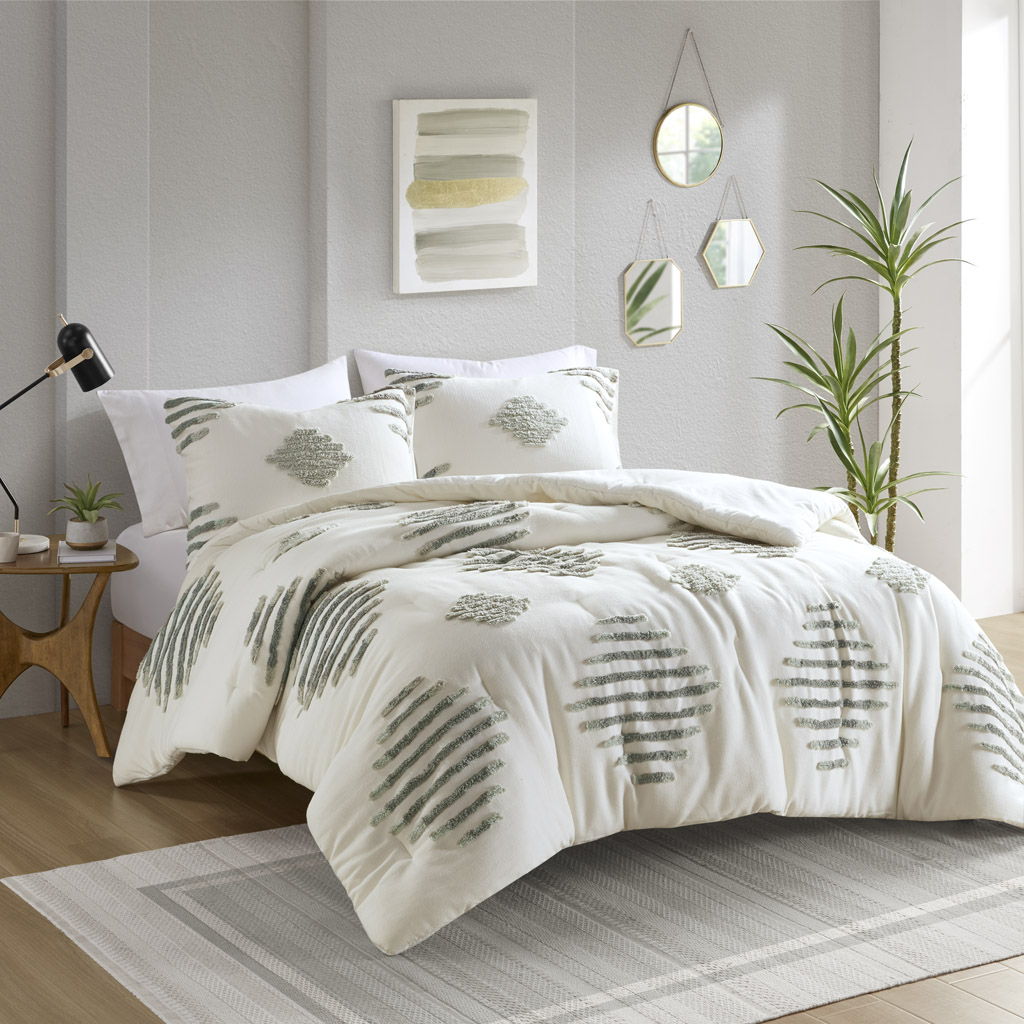 Tahli - 3 Piece Cotton Blend Chenille Comforter Set - Green / Ivory
