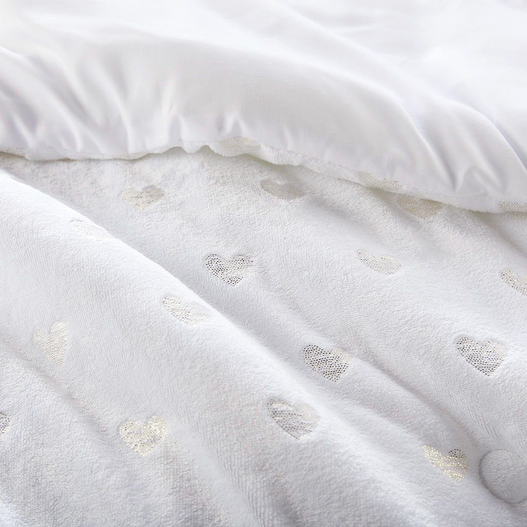 Rosalie - 3 Piece Twin/Twin Long Metallic Printed Plush Comforter Set With Throw Pillow - White/Gold