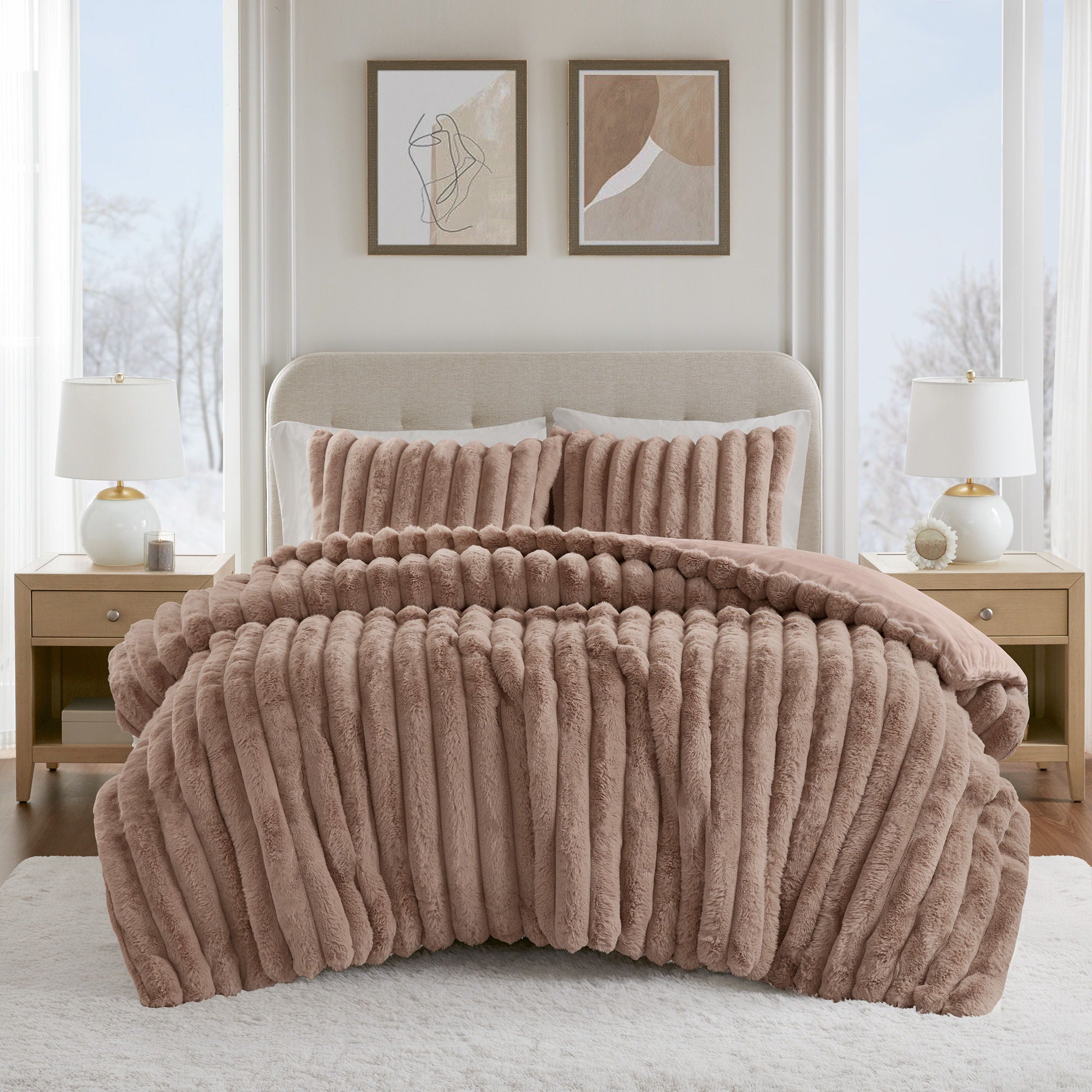 Jasmine - 3 Piece Full/Queen Faux Fur Comforter Set - Mocha