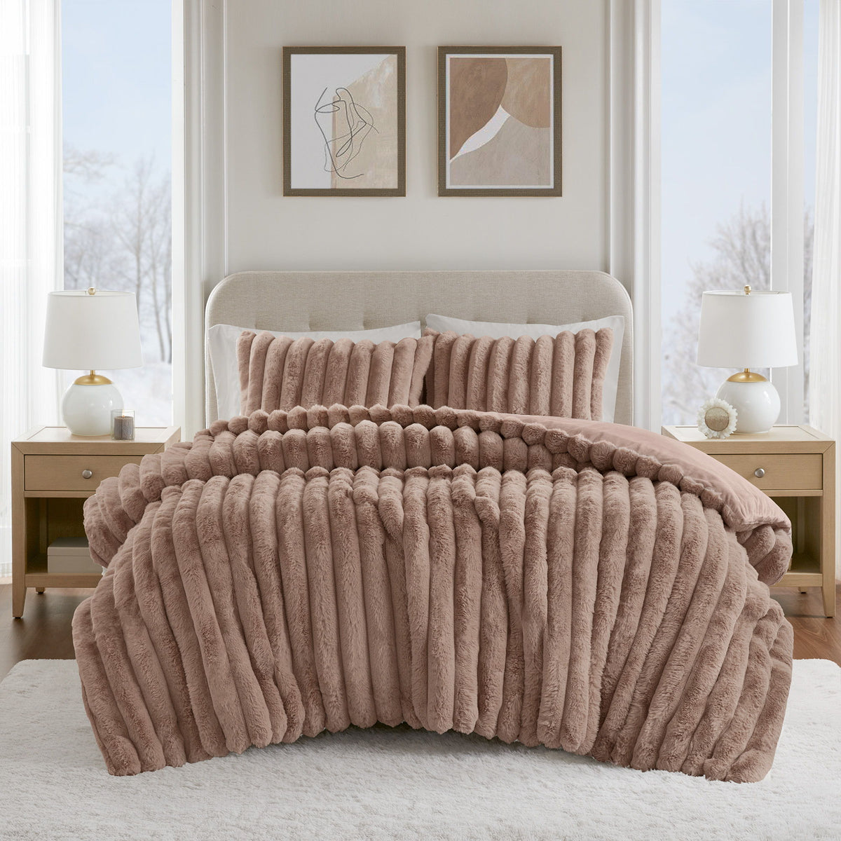 Jasmine - 3 Piece King Faux Fur Comforter Set - Mocha