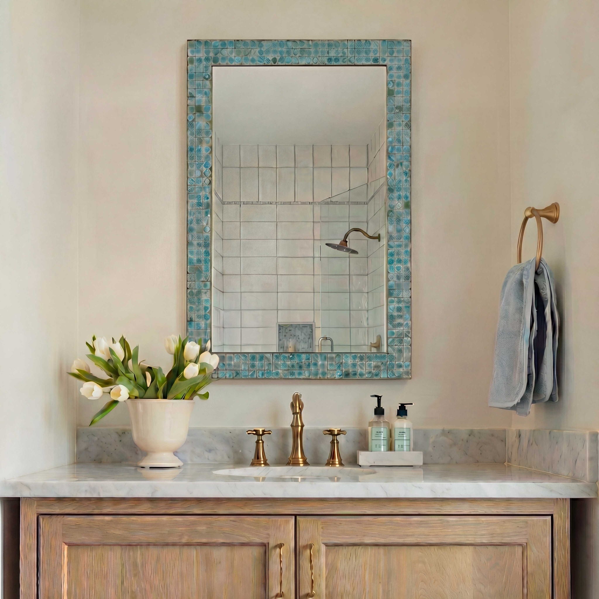 Coralie - Tile Mirror - Blue / Gold / Green