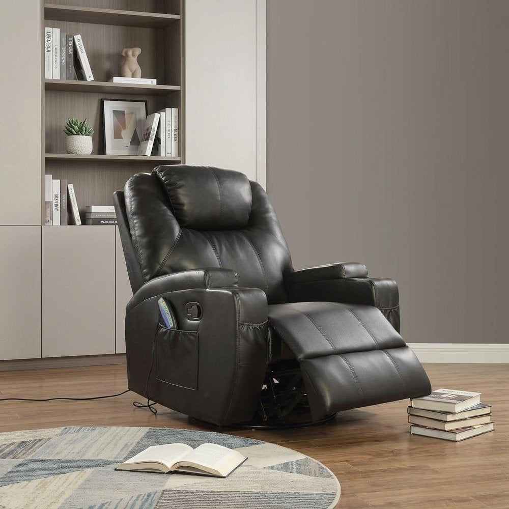 34" Black Leather Match Power Heated Massage Recliner