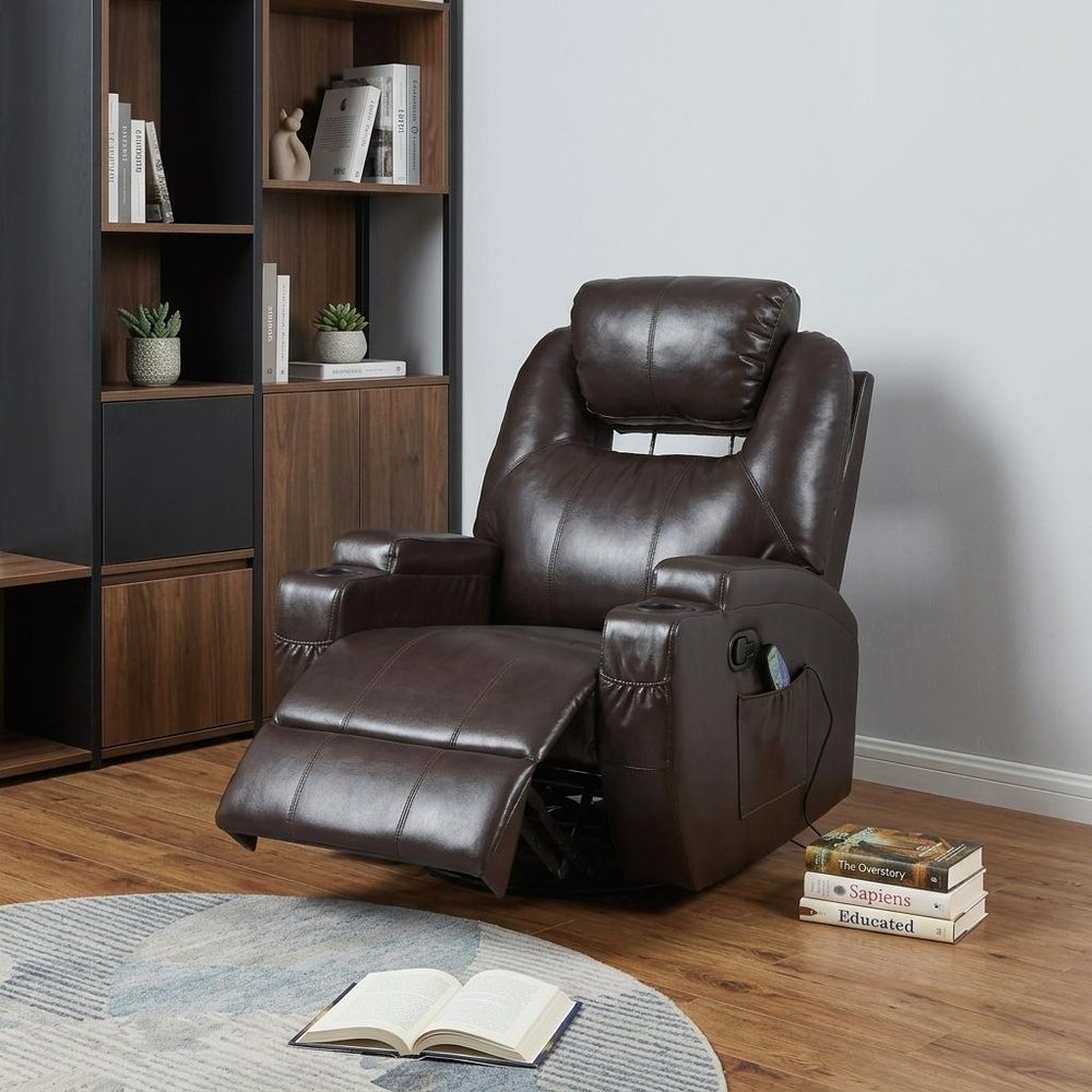 34" Black Leather Match Power Heated Massage Recliner