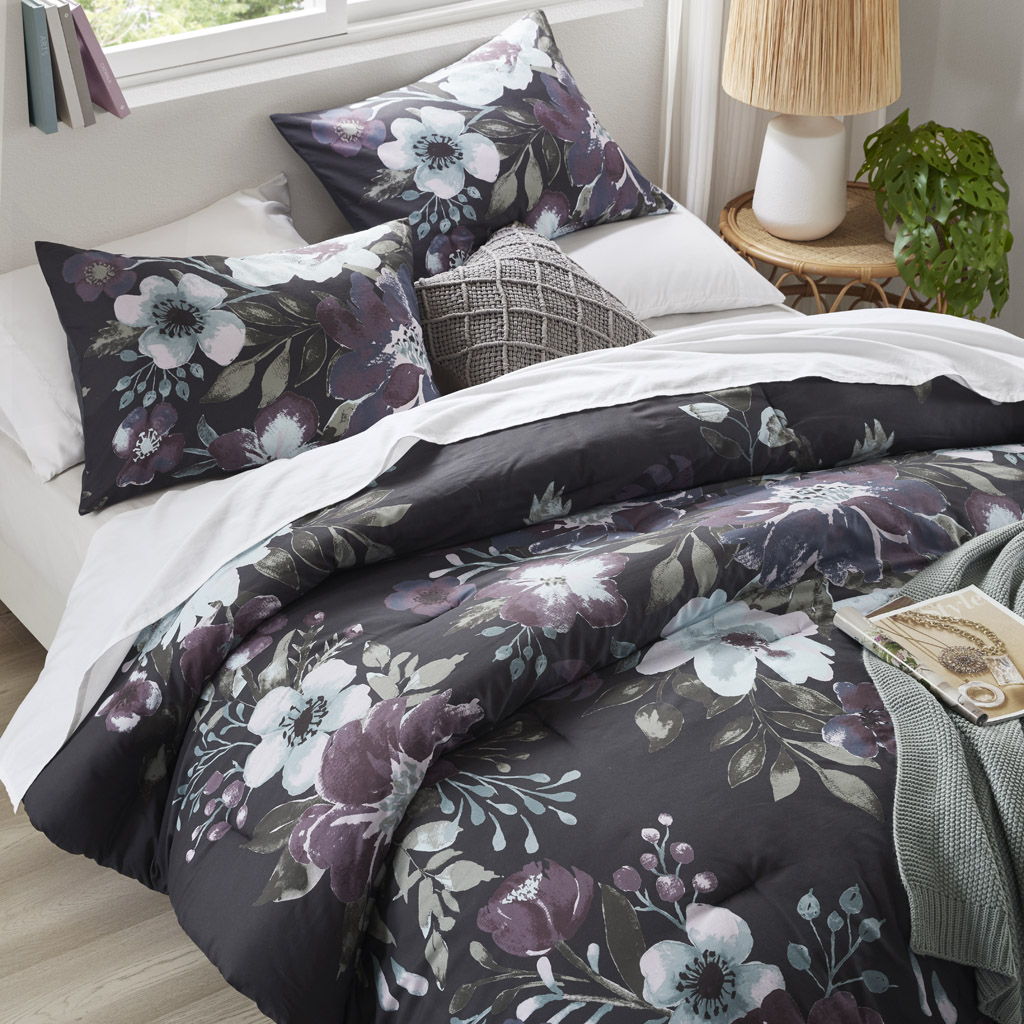 Jolene - 3 Piece King/California King Printed Comforter Set - Dark Gray/Plum