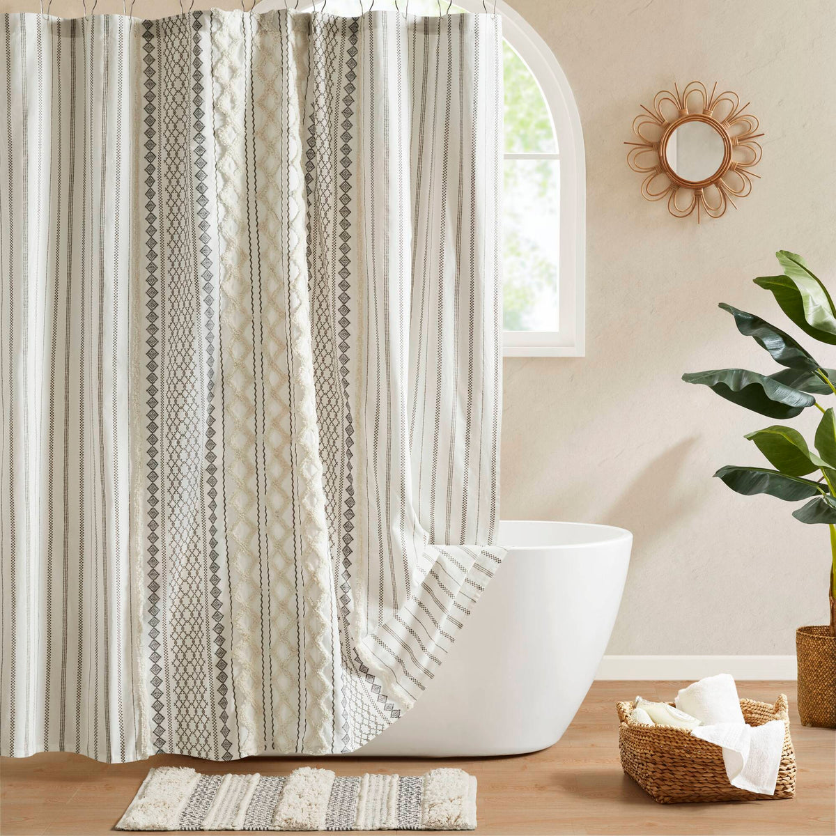 Imani - Printed Shower Curtain With Chenille - Ivory