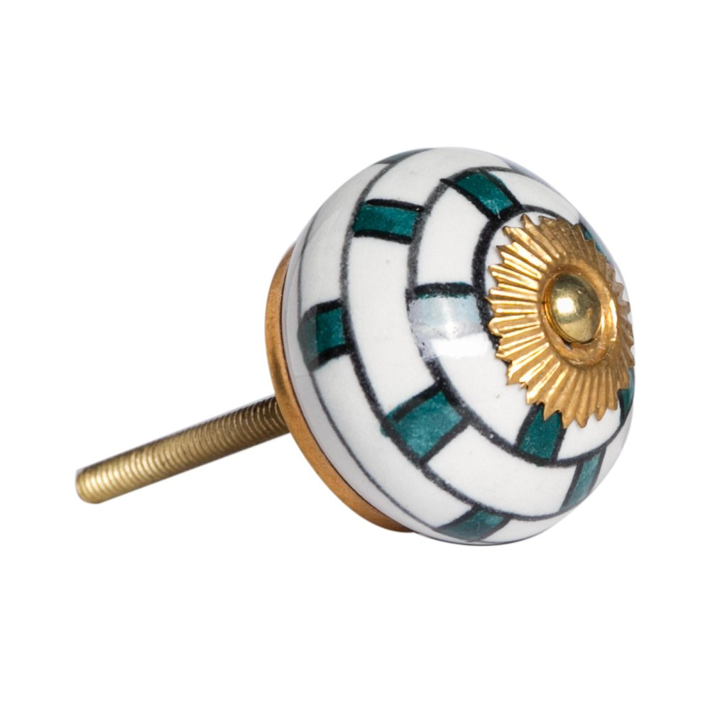 Set of Twelve White Teal And Gold Geometric Ceramic Drawer Pull Knobs
