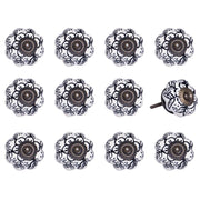 Set of Twelve Black And White Floral Ceramic Drawer Pull Knobs