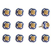 Set of Twelve Blue White And Gold Geometric Ceramic Drawer Pull Knobs