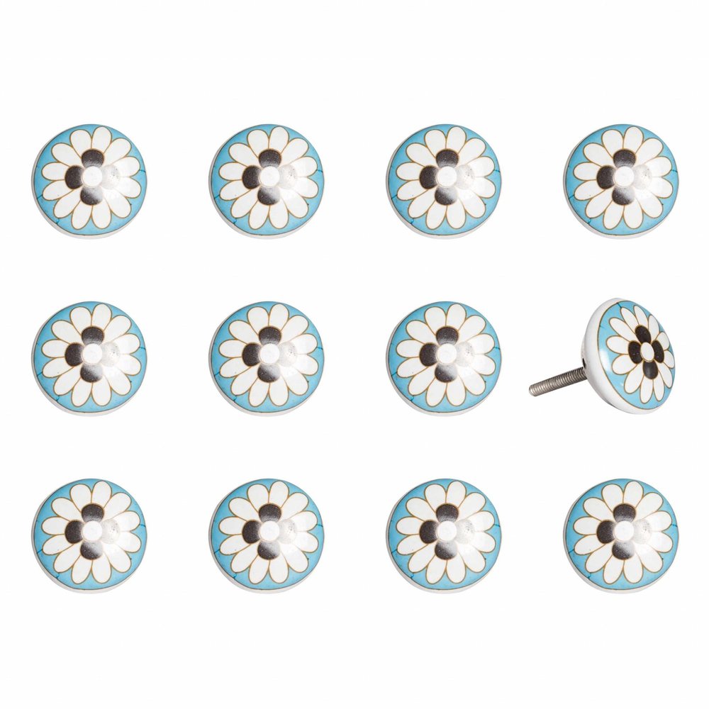 Set of Twelve White Teal And Gold Geometric Ceramic Drawer Pull Knobs