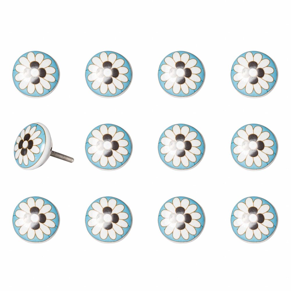 Set of Twelve White Teal And Gold Geometric Ceramic Drawer Pull Knobs