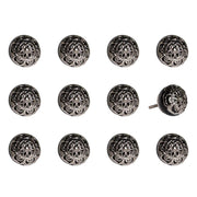 Set of Twelve Black And Silver Ceramic Filigree Floral Drawer Pull Knobs