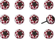Set of Twelve Red And White Geometric Ceramic Drawer Pull Knobs