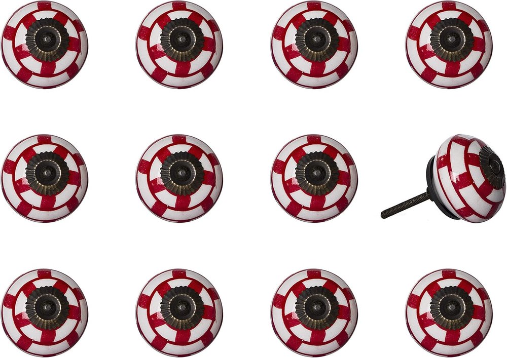 Set of Twelve Red And White Geometric Ceramic Drawer Pull Knobs