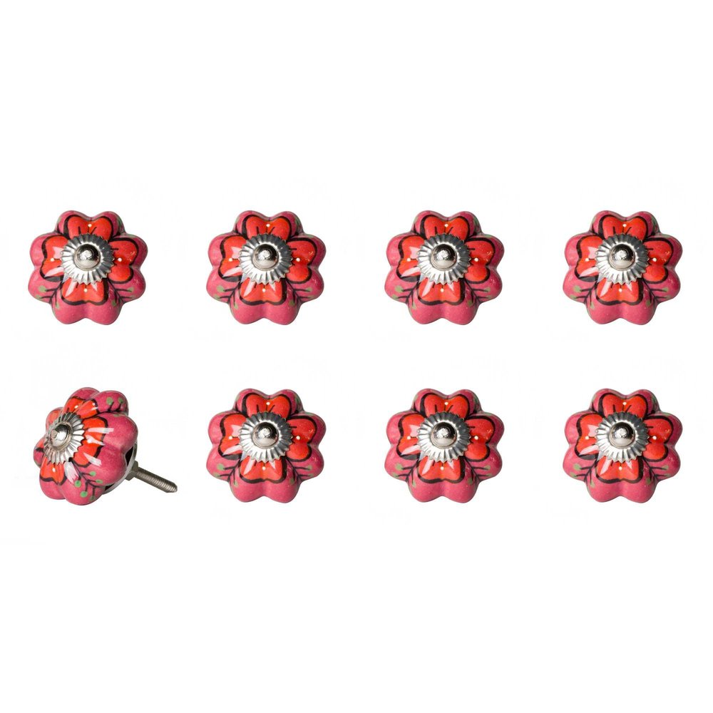 Set of Eight Pink And White Ceramic Drawer Pull Knobs