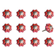 Set of Twelve Red Pink And Green Floral Ceramic Drawer Pull Knobs