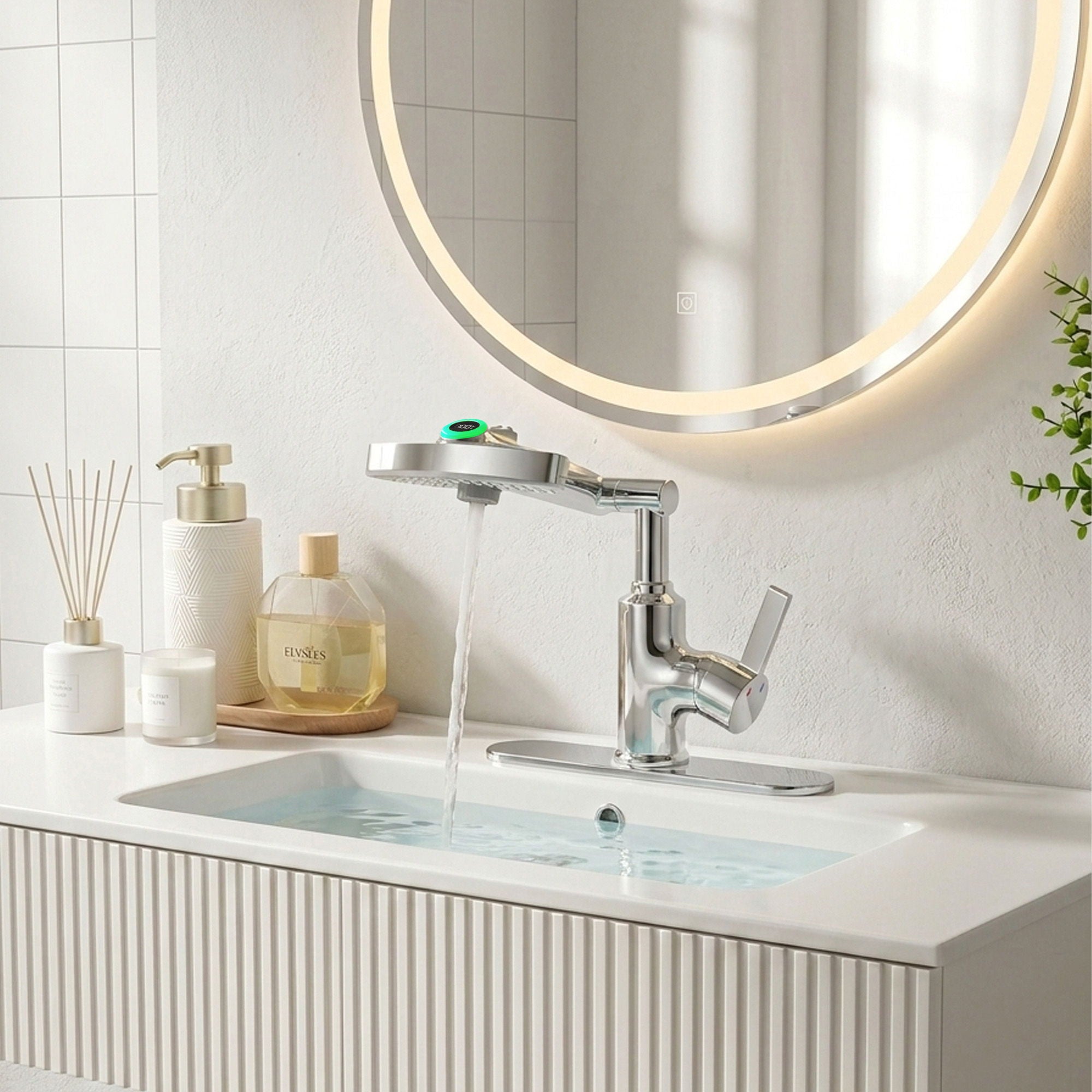 LED Temperature Display Bathroom Faucet With 3 Water Modes & 360° Rotating Spout - Chrome