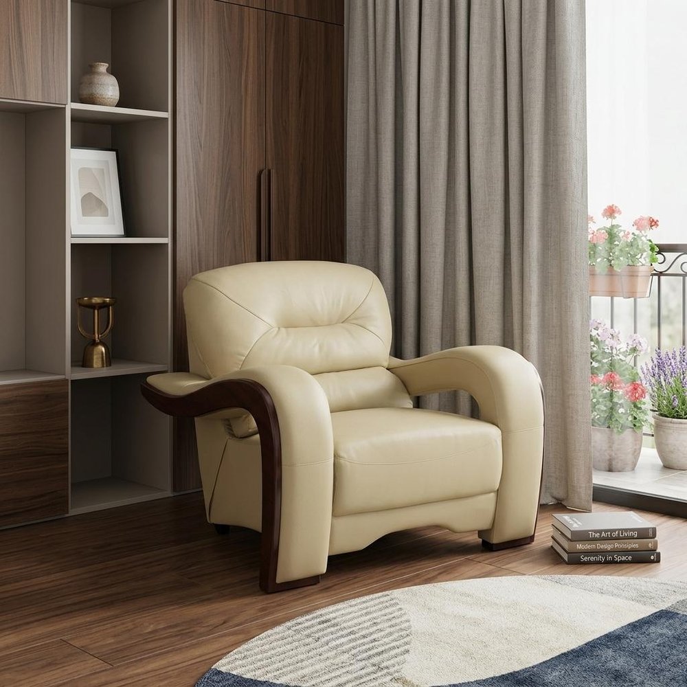 39" Beige and Brown Leather Arm Chair