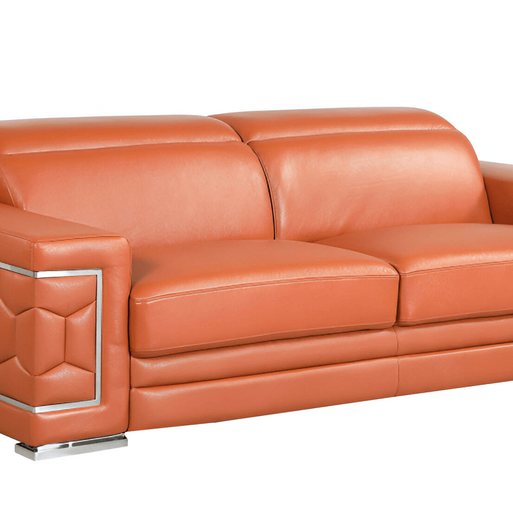 89" Beige Italian Leather Sofa With Silver Legs