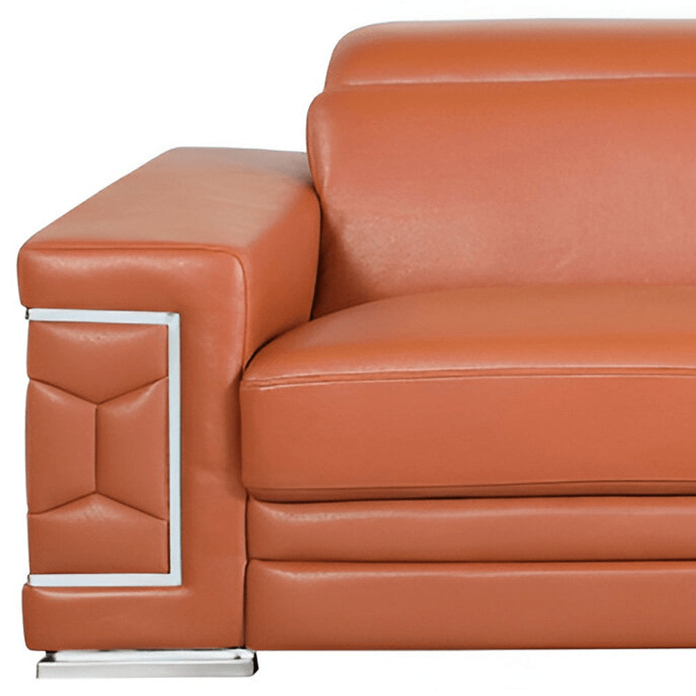 89" Beige Italian Leather Sofa With Silver Legs