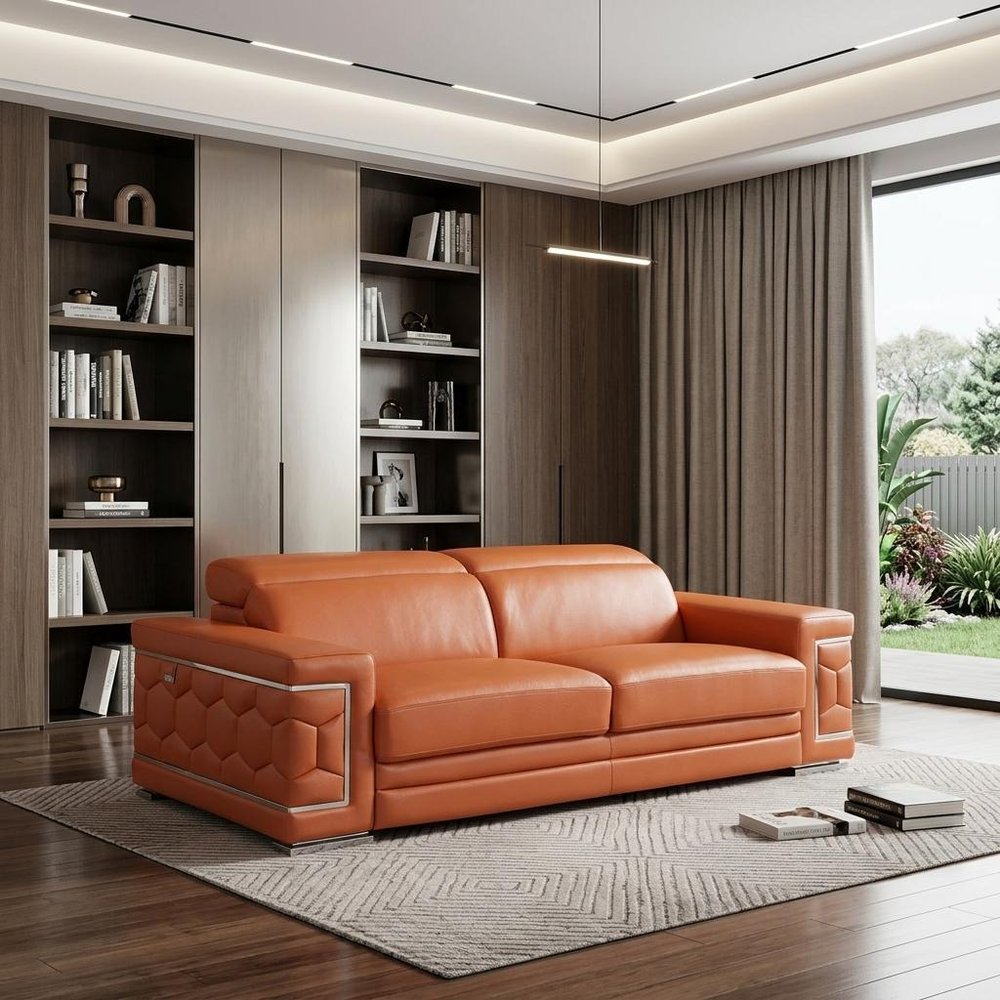 89" Beige Italian Leather Sofa With Silver Legs