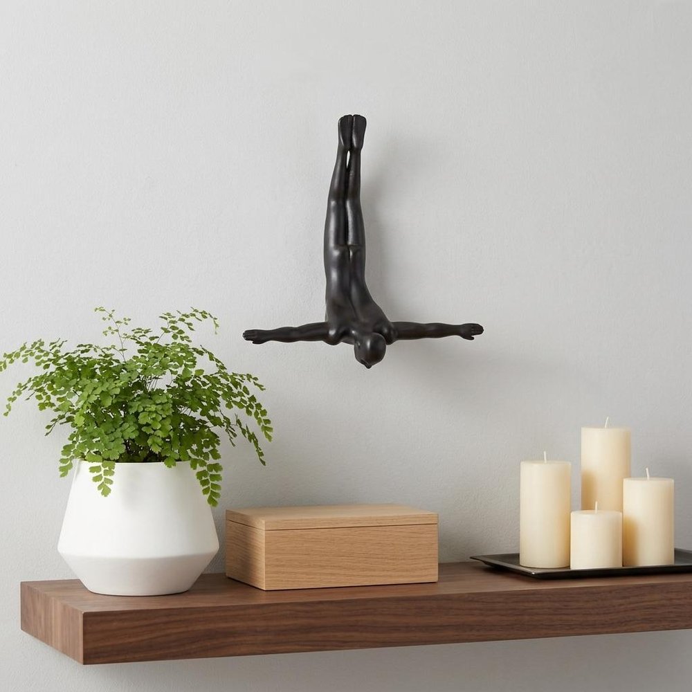 7" X 7" Black Resin Diving Man Hanging Dimensional Sculpture