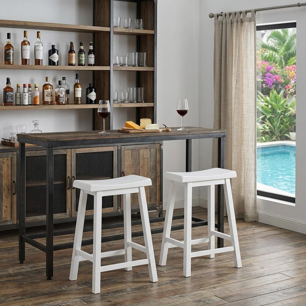 Set of Two 48" White Solid Wood Backless Bar Chairs