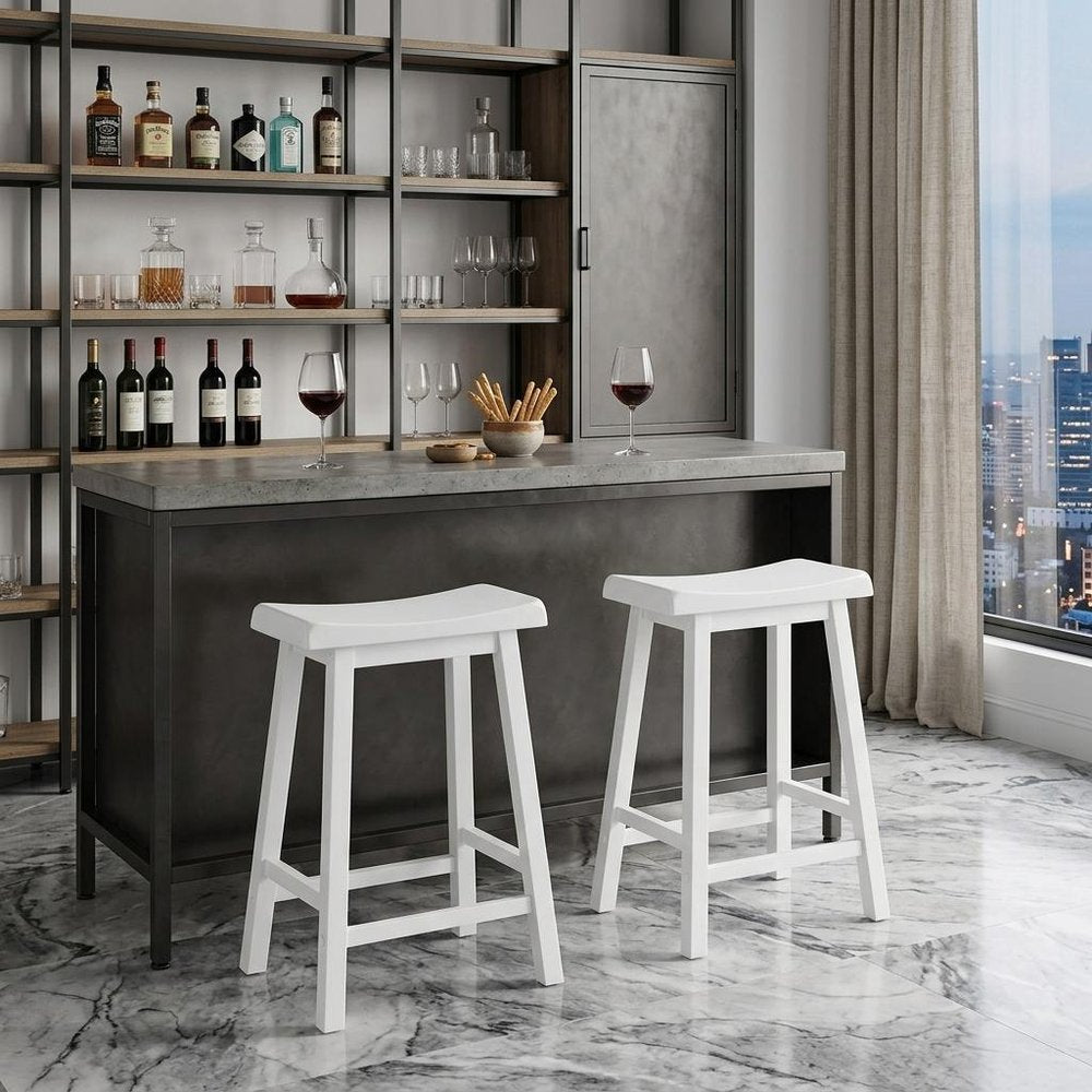 Set of Two 48" White Solid Wood Backless Bar Chairs