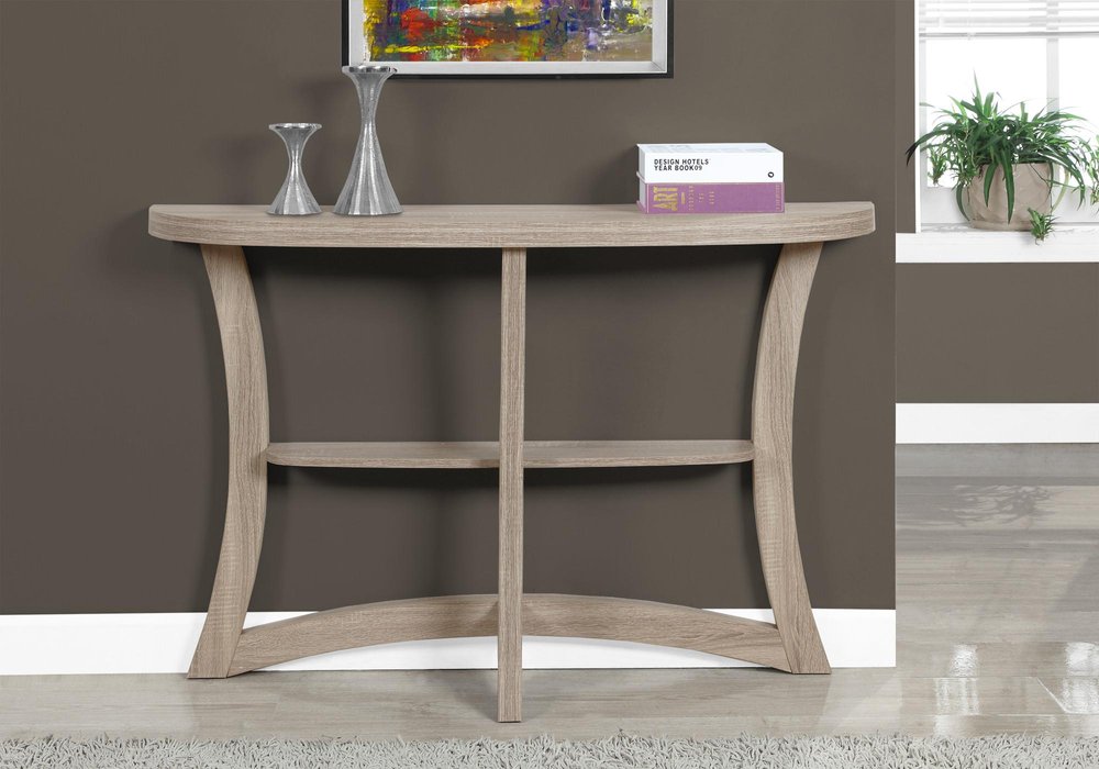 47" Taupe Half Moon Three Leg Console Table With Shelves