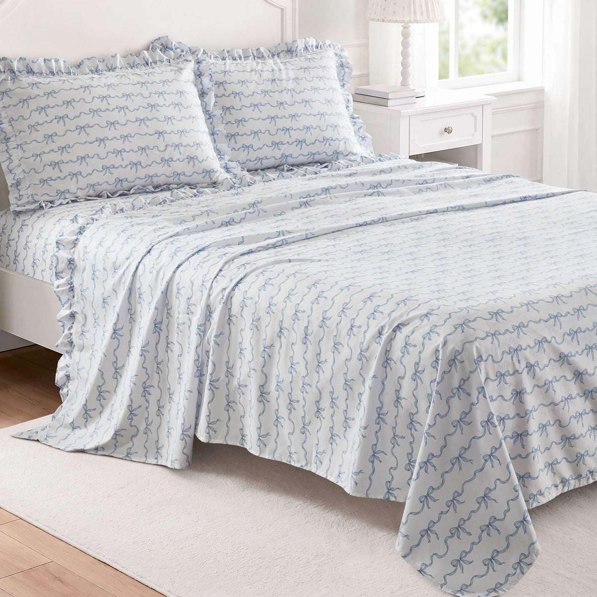 Microfiber Ruffle - Queen Sheets - Blue Bow